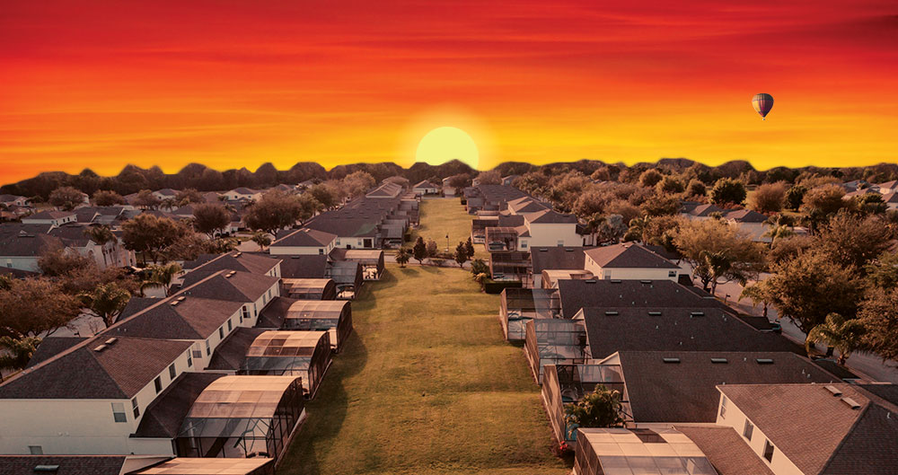 Homes with sunrise on the horizon