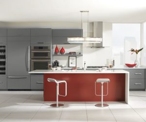 Omega Dynasty Cabinets gray_cabinets_red_kitchen_island