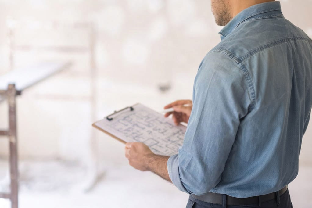 Builder reviewing plans on a clipboard