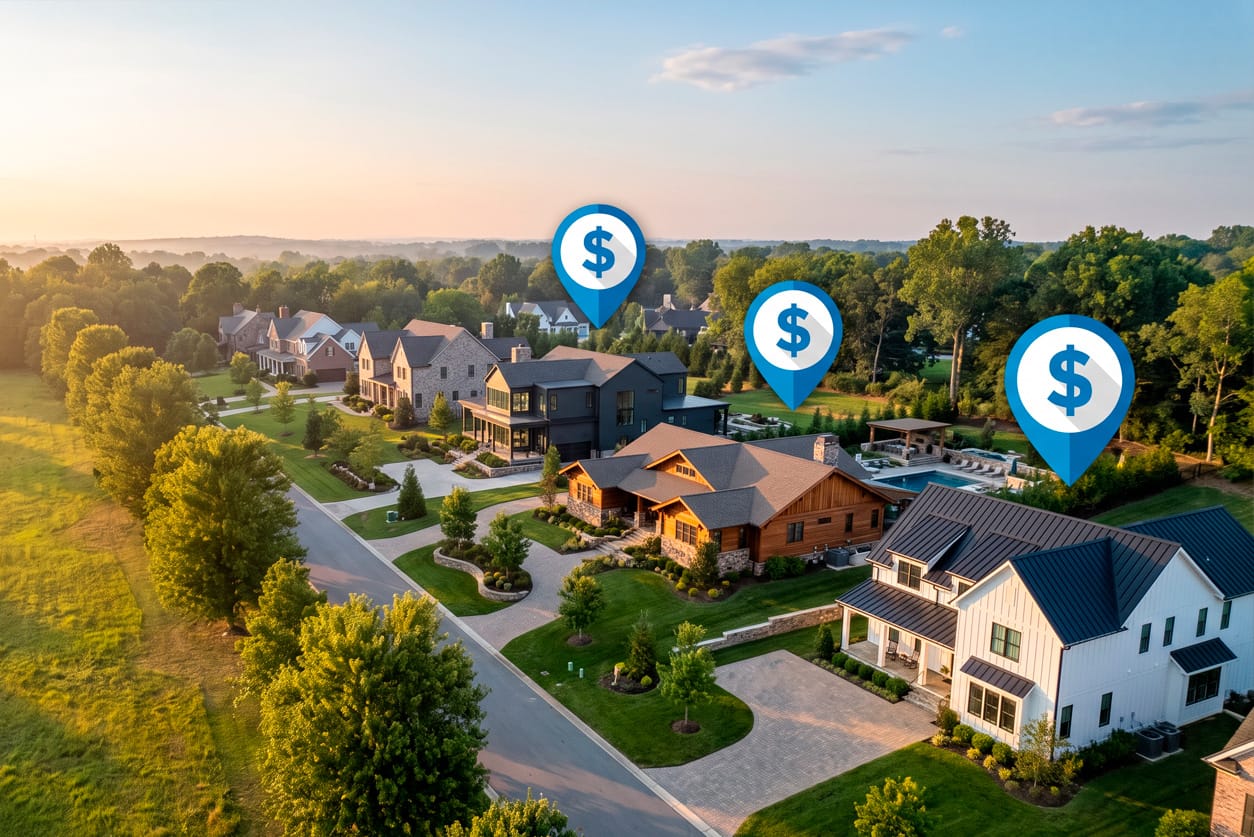 Aerial view of a new-home community with rebate markers over the homes
