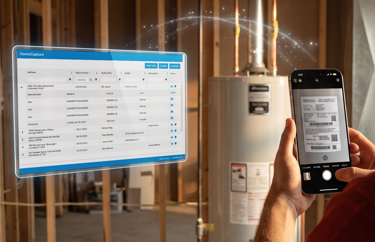 HomeCapture scanning a water heater's label to record the installed product