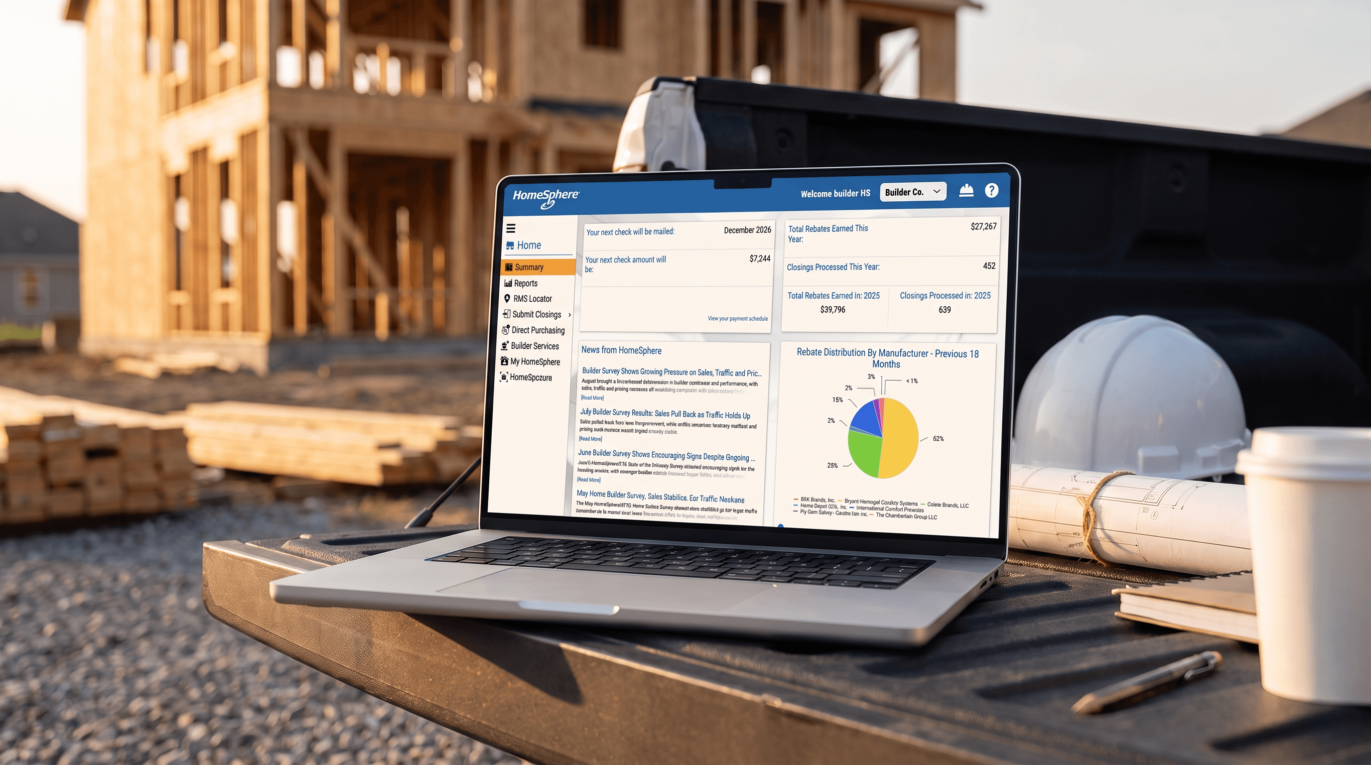 HomeSphere-HQ rebate dashboard on a laptop at a construction site