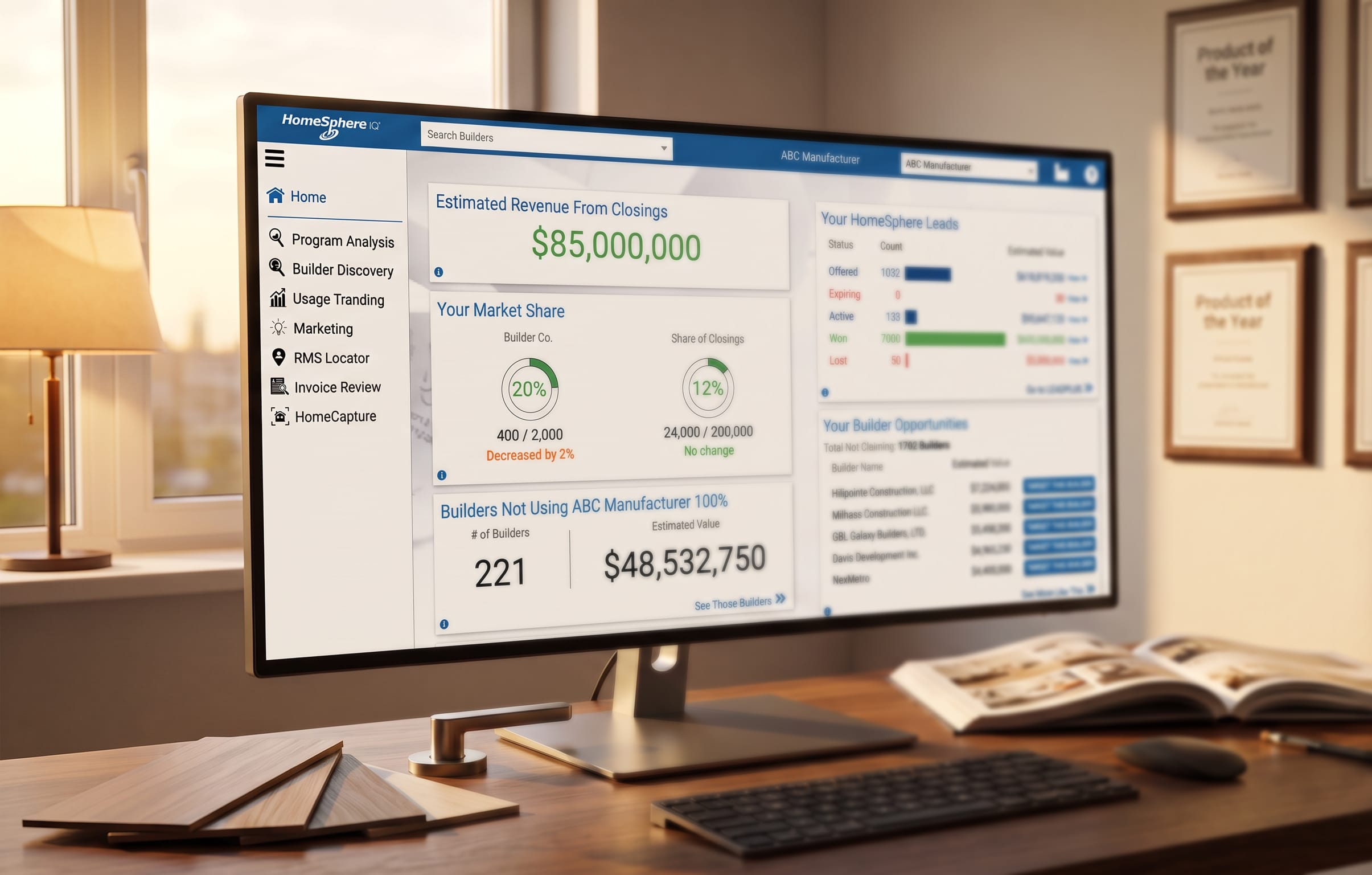 HomeSphere-IQ dashboard showing a manufacturer's builder market share
